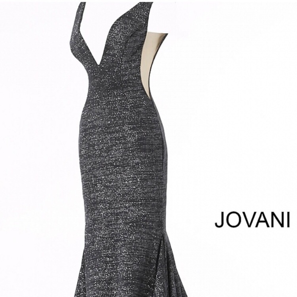 black V-neck line prom dress with silver accents